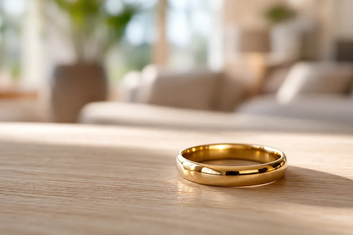 Alliance posée sur une table en bois clair