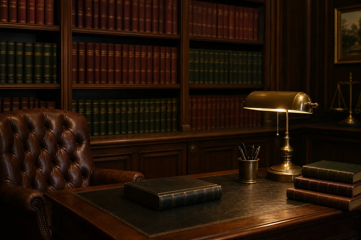 Bureau d&rsquo;avocat avec bibliothèque de reliures anciennes