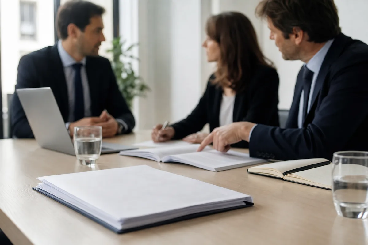 Entrepreneurs consultant un avocat en droit des sociétés dans un cabinet parisien