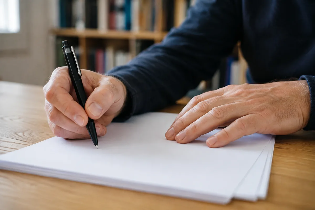 Deux mains adultes annotent un document contractuel posé sur une table en bois