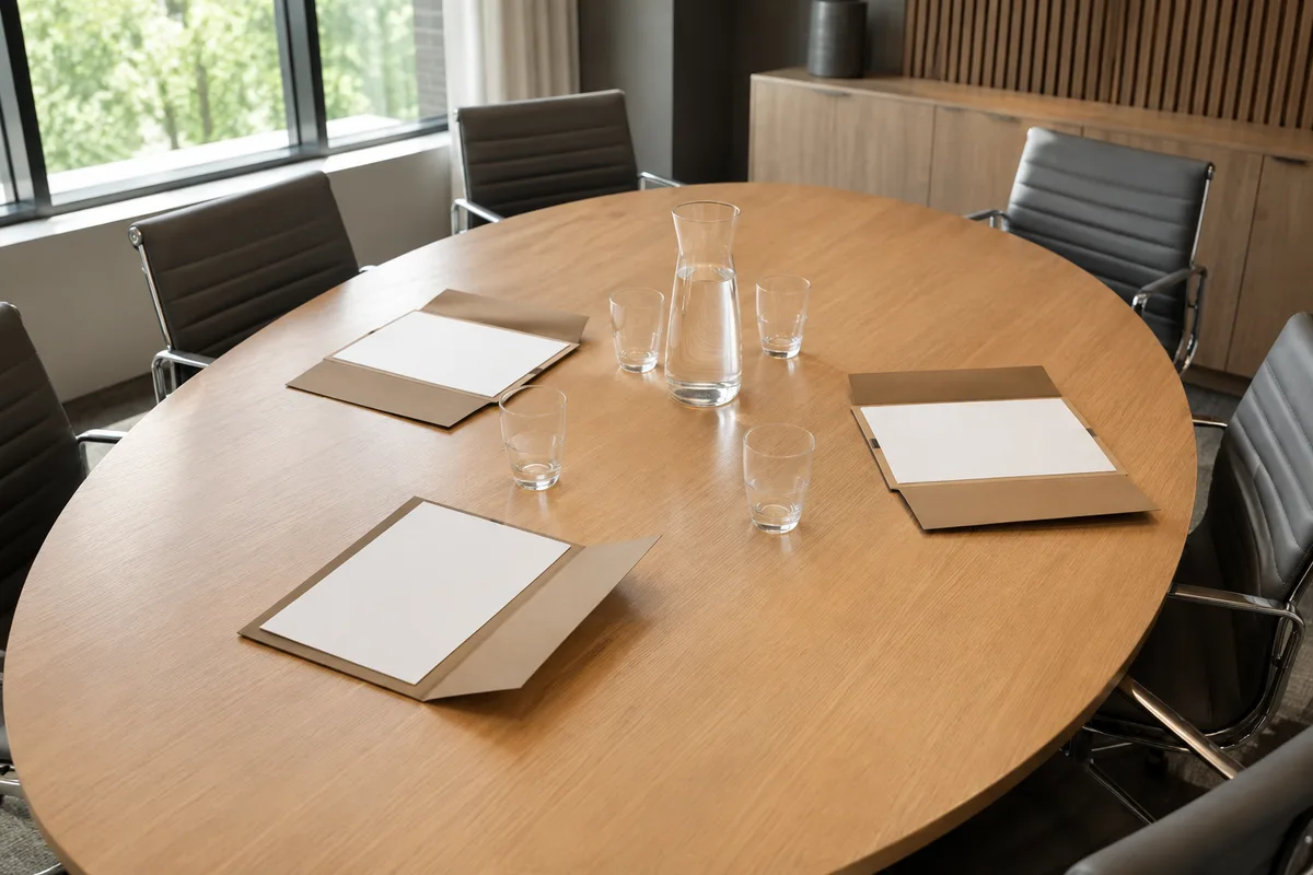 Salle de réunion sobre avec chemises cartonnées ouvertes et carafe d eau