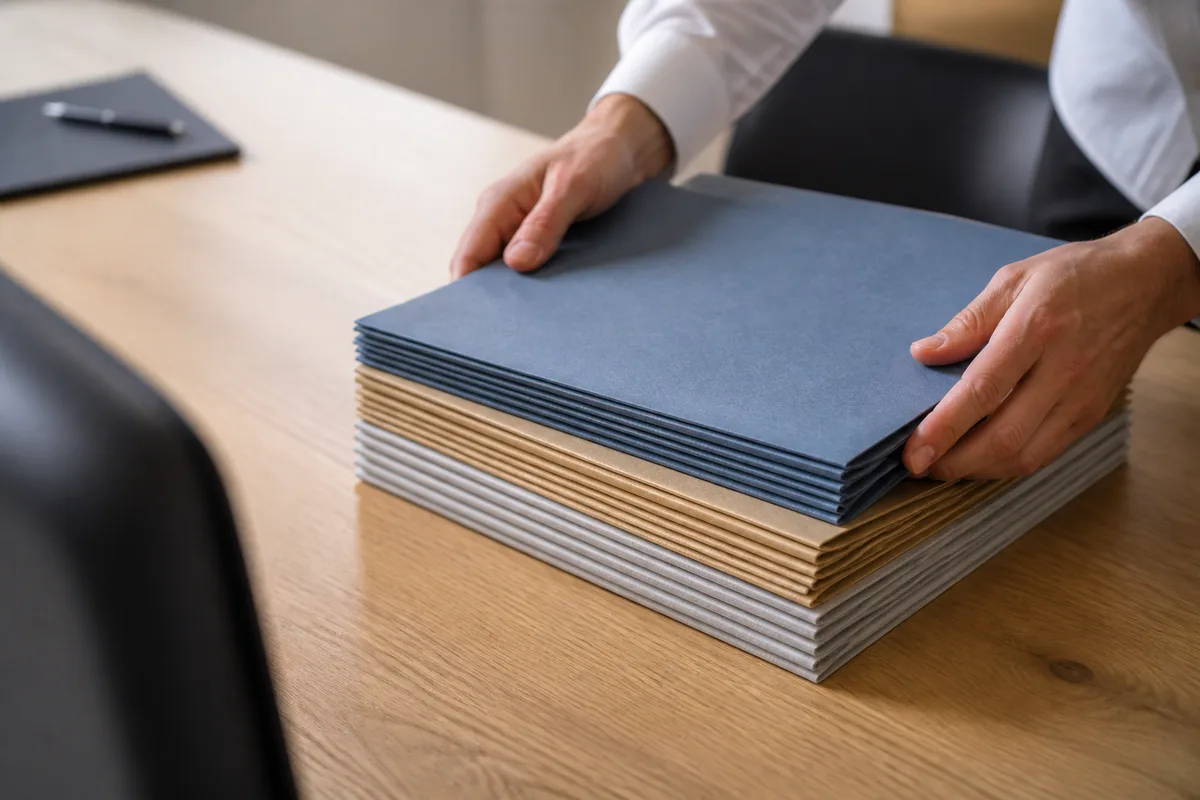Chemises cartonnées de couleurs unies empilées sur une table de réunion en bois clair