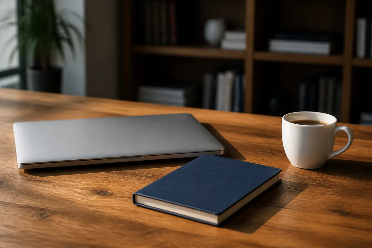 Ordinateur portable fermé posé près d’un carnet à couverture unie sur un bureau en bois