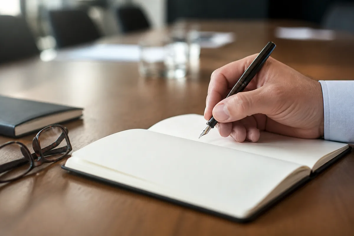 Main d’adulte tenant un stylo au-dessus d’un bloc-notes vierge sur une table de réunion