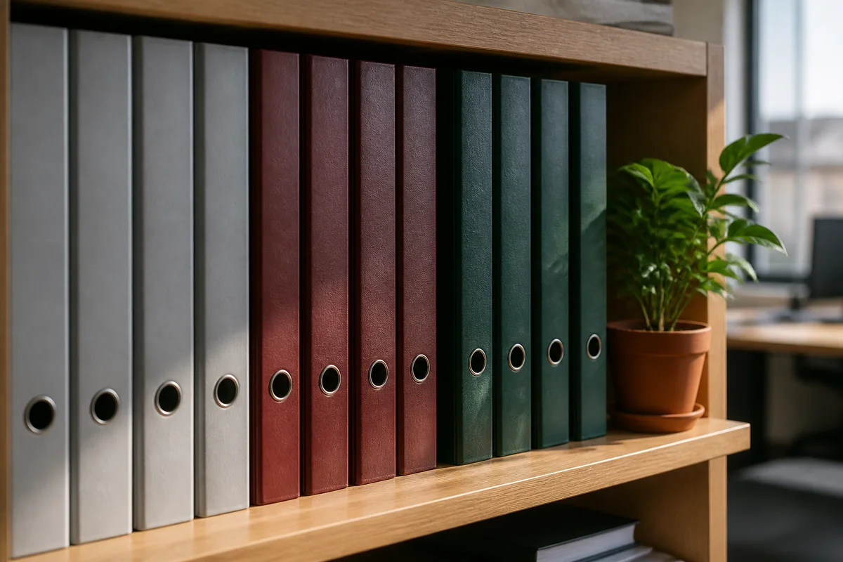 Classeurs à dos unis alignés sur une étagère de bureau près d’une plante verte