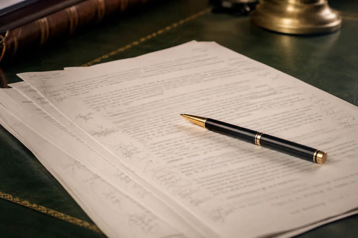 Contrat de travail annoté et stylo posés sur un bureau de cabinet