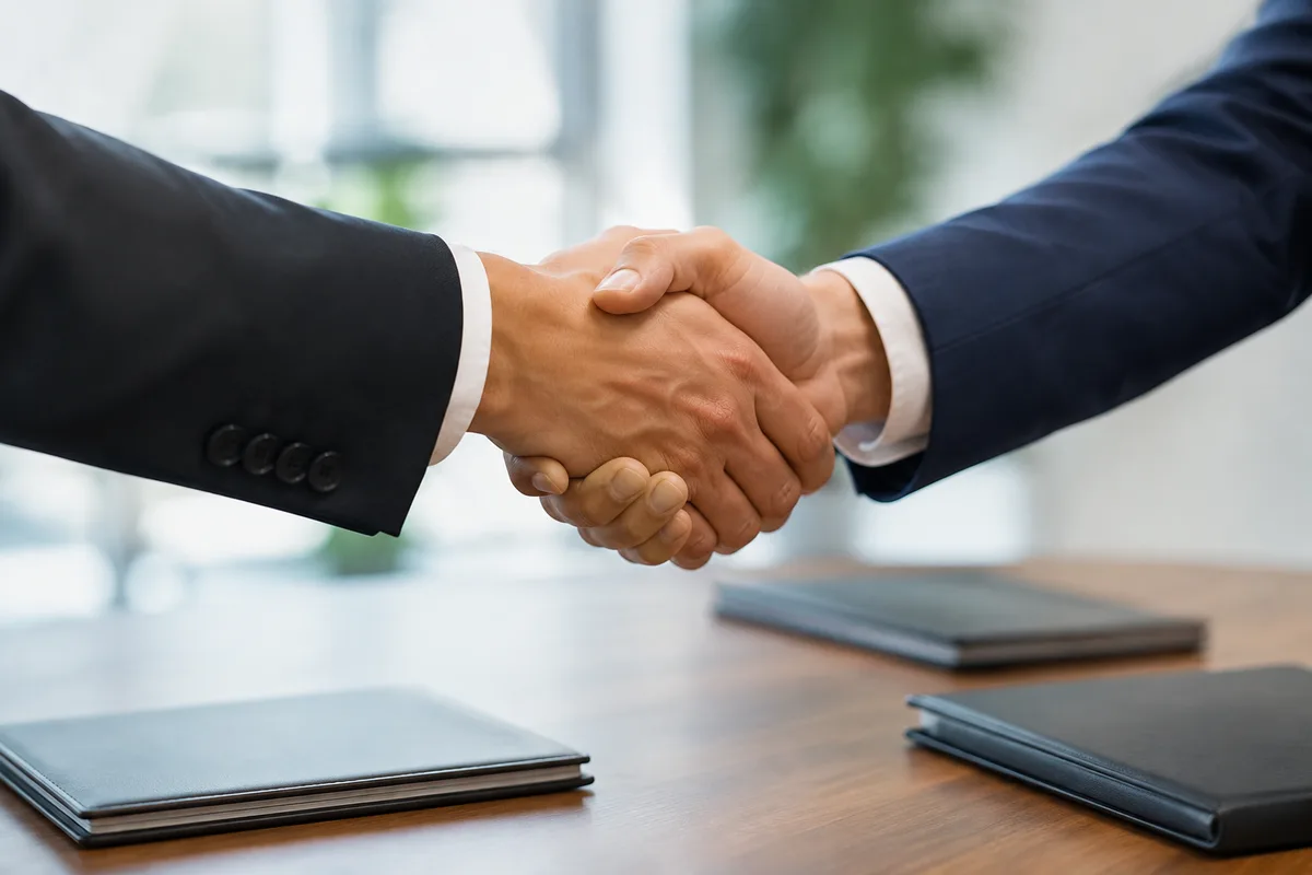 Poignée de main professionnelle après signature d&rsquo;un accord, vue de trois quarts