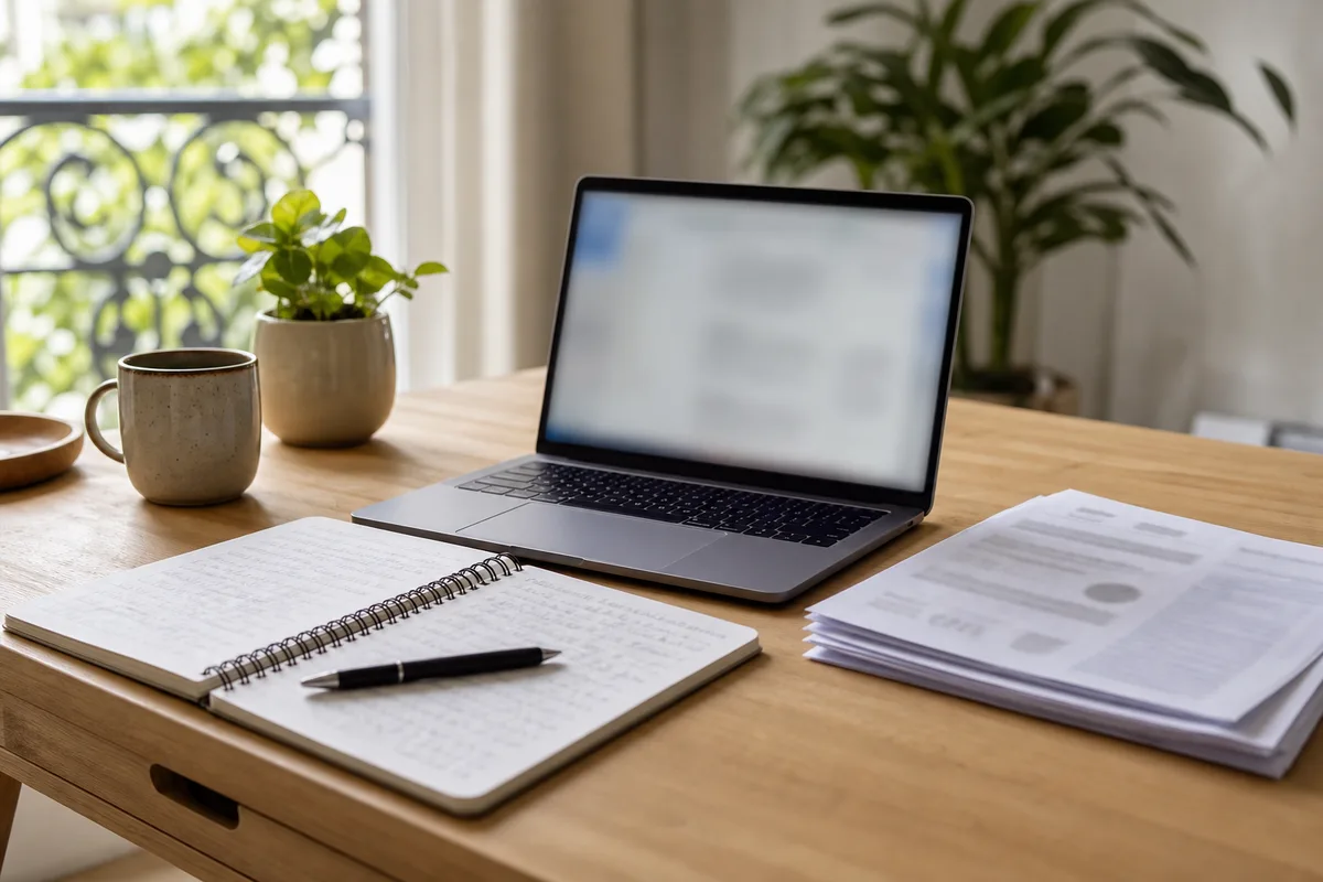 Bureau d’un rédacteur avec un ordinateur portable et des documents annotés