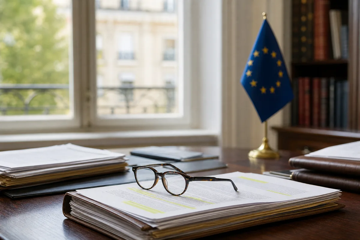 Salle de réunion avec des documents juridiques annotés et un drapeau européen en arrière-plan