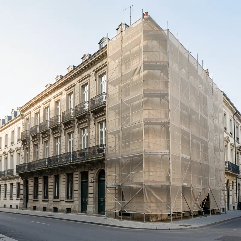 Façade d&rsquo;immeuble haussmannien avec échafaudage partiel et bâche de chantier