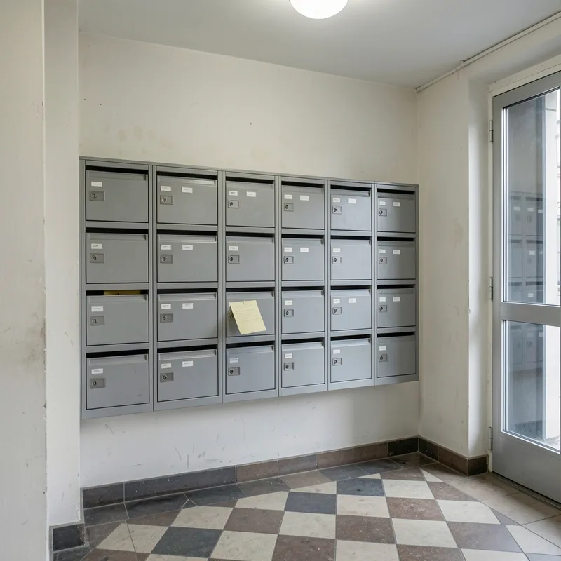 Boîtes aux lettres d&rsquo;immeuble collectif avec avis de passage recommandé glissé