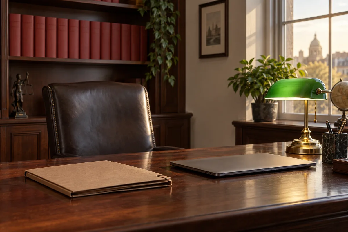Bureau d&rsquo;avocat avec codes reliés, dossier cartonné et ordinateur portable fermé sous une lampe