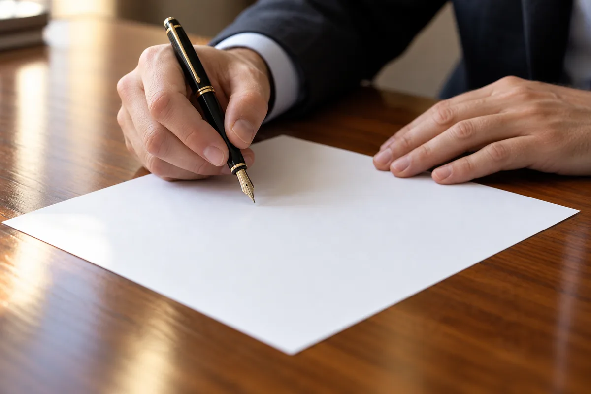 Signature d&rsquo;un contrat au stylo plume sur une table de réunion en bois verni