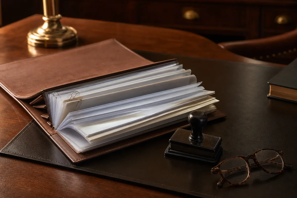 Dossier de justificatifs et parapheur posés sur le bureau d&rsquo;un futur courtier avant son immatriculation