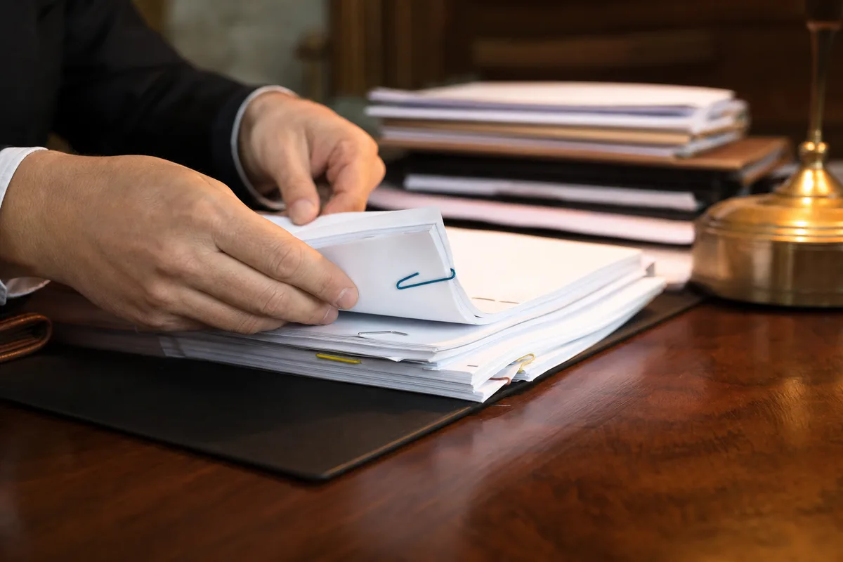 Acte de vente immobilière et annexes examinés sur un bureau de notaire