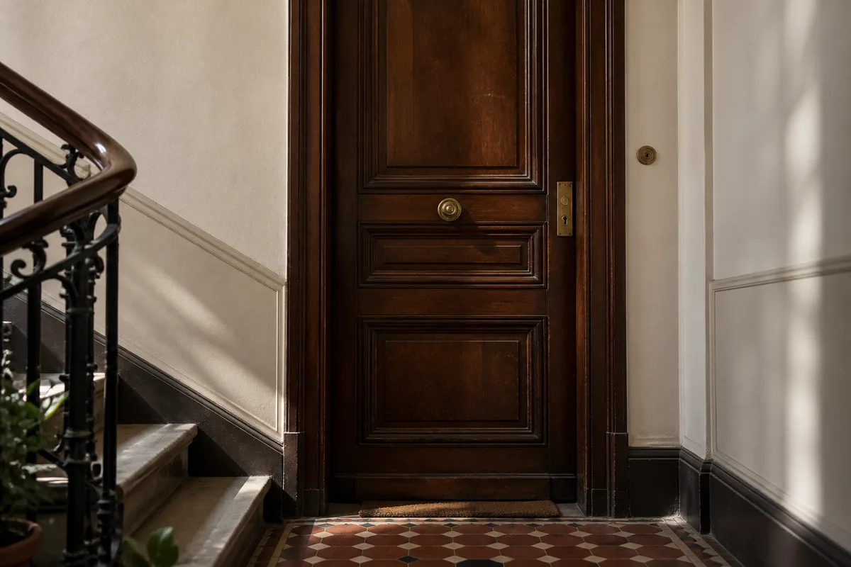 Porte d&rsquo;appartement fermée sur un palier d&rsquo;immeuble ancien à la lumière d&rsquo;une fenêtre
