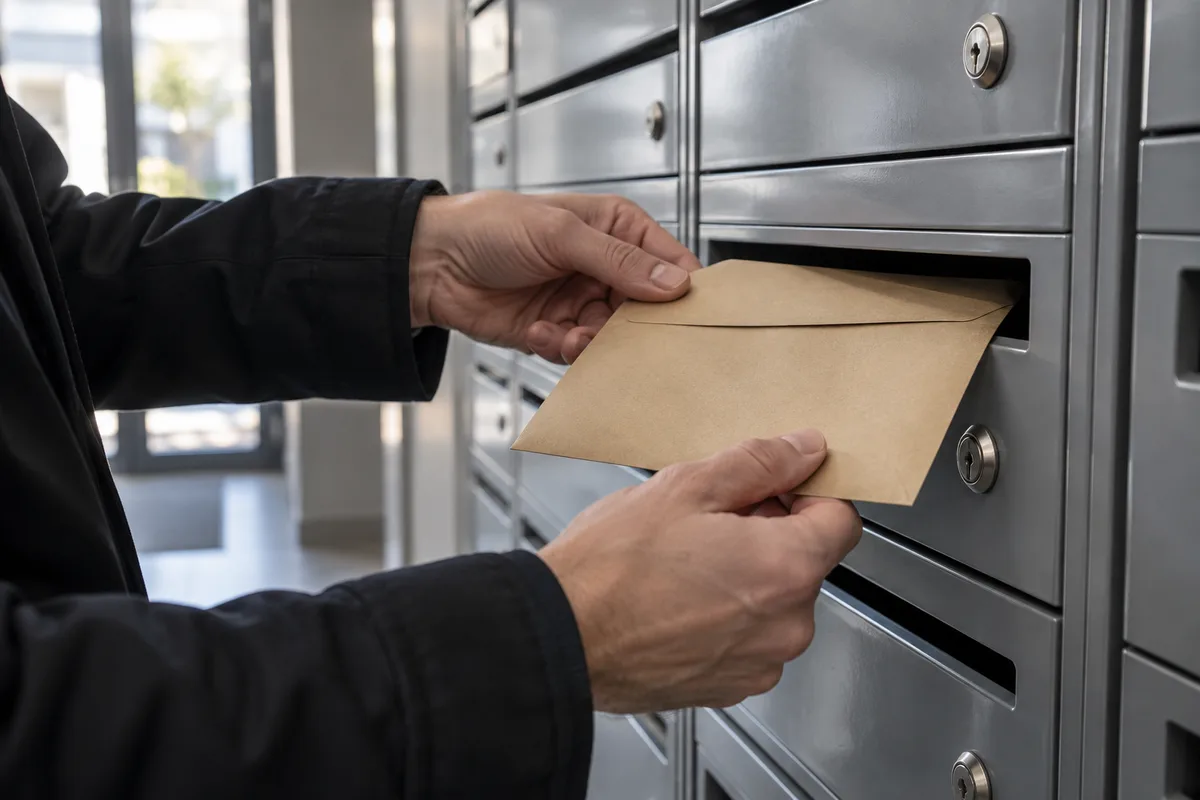 Mains déposant une enveloppe cachetée dans une boîte aux lettres d&rsquo;immeuble