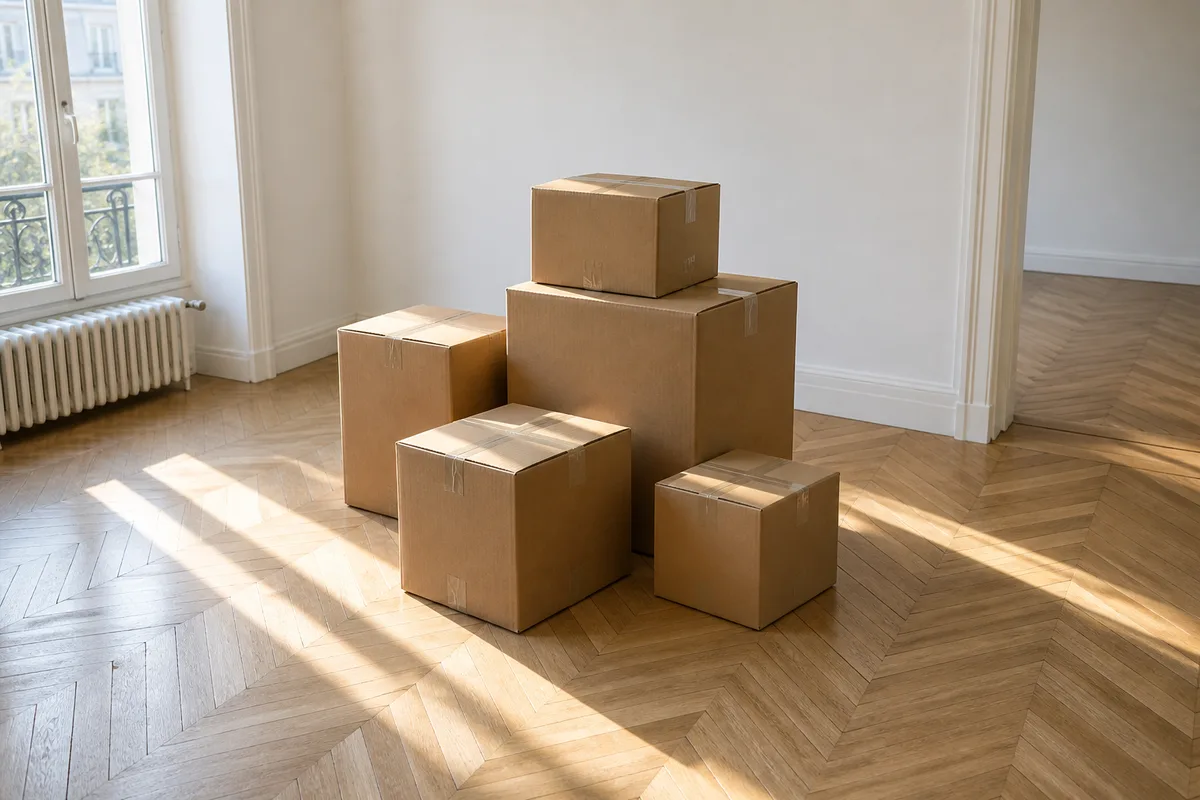 Cartons de déménagement fermés et empilés dans une pièce vide au parquet clair
