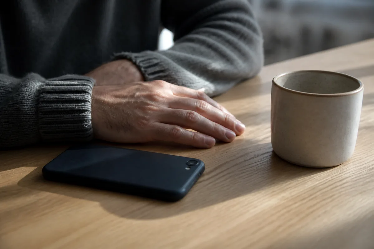 Mains posées près d’un smartphone retourné sur une table en bois clair
