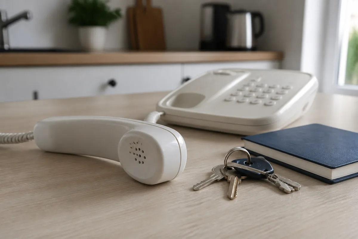 Téléphone fixe décroché posé sur un plan de travail de cuisine en stratifié clair