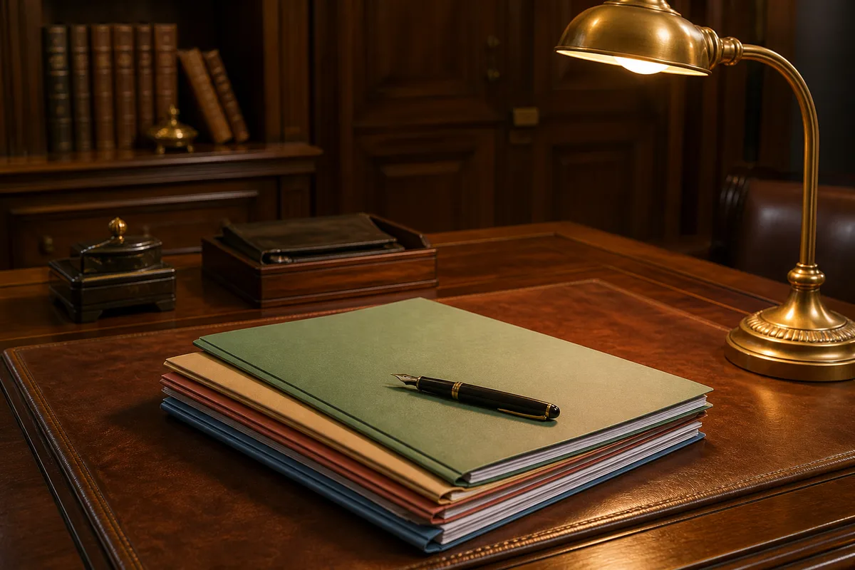 Chemises cartonnées de couleur unie empilées sur un sous-main en cuir dans un bureau