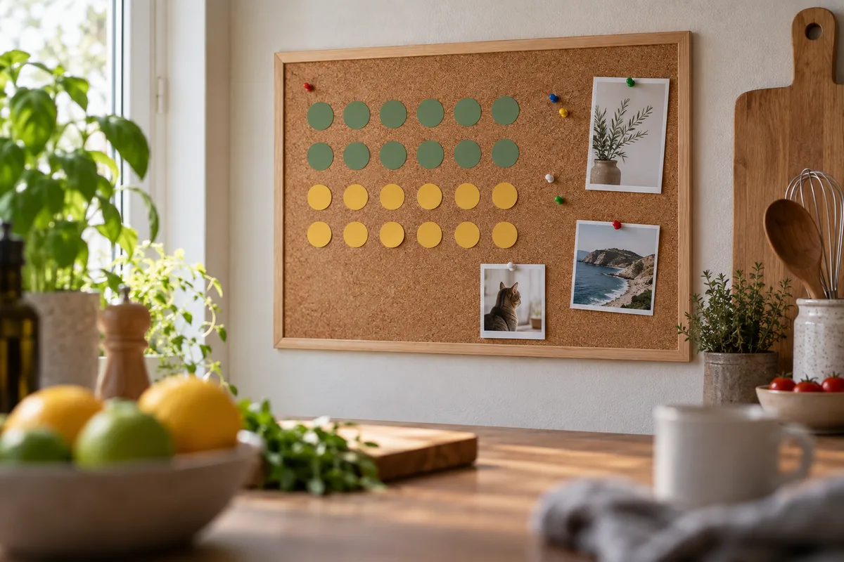 Tableau mural en liège couvert de pastilles de deux couleurs dans une cuisine claire
