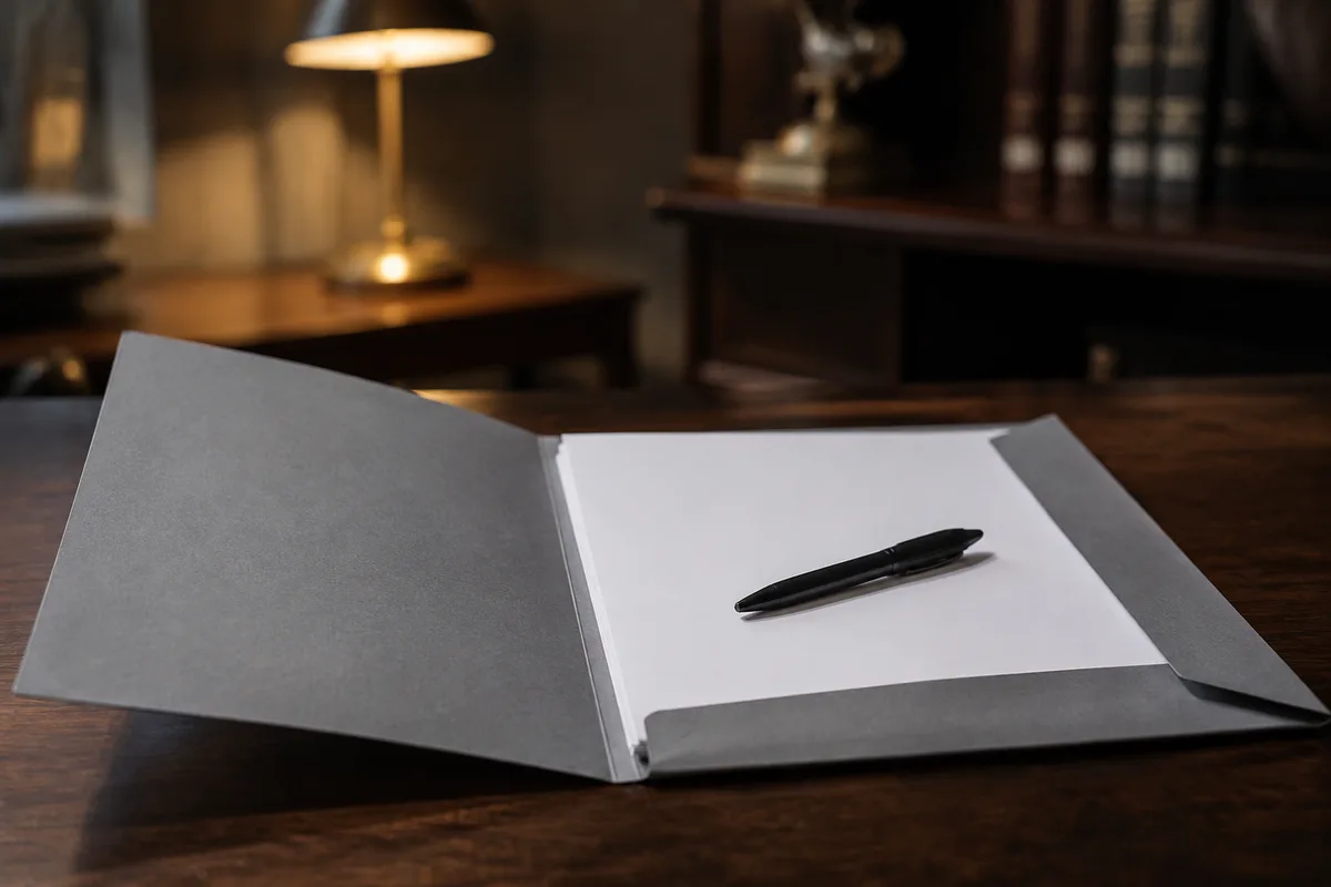 Dossier cartonné ouvert avec feuilles vierges et stylo sur un bureau sombre
