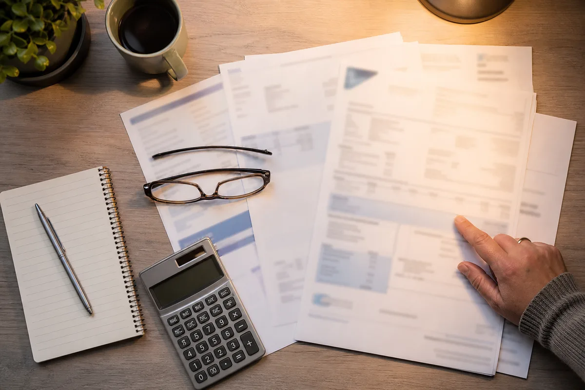 Bulletins de salaire et calculatrice posés sur un bureau pour estimer une pension alimentaire