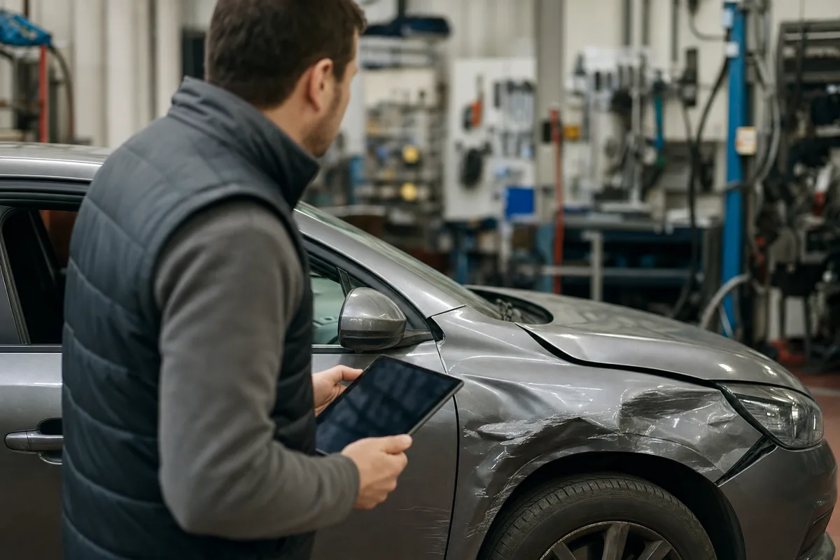 Expert automobile examinant un véhicule endommagé avec une tablette dans un atelier