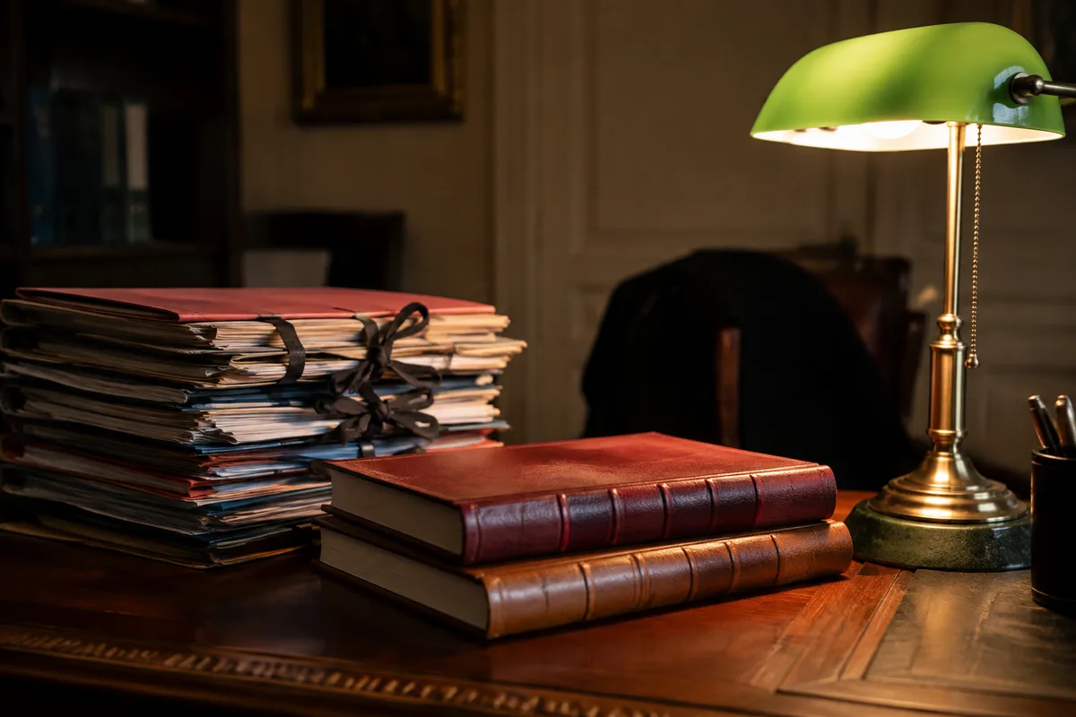 Bureau d&rsquo;un cabinet d&rsquo;avocat avec dossiers, codes juridiques et lampe allumée