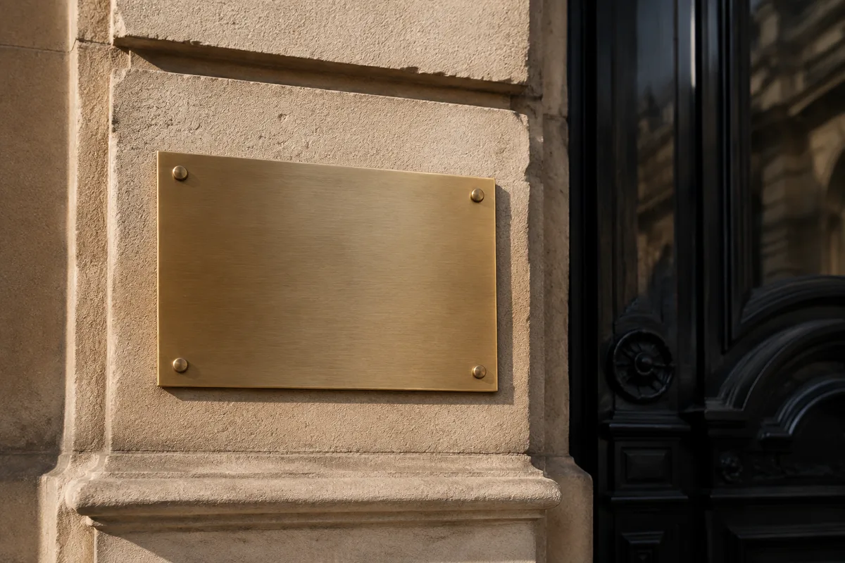 Plaque professionnelle gravée à l&rsquo;entrée d&rsquo;un immeuble haussmannien