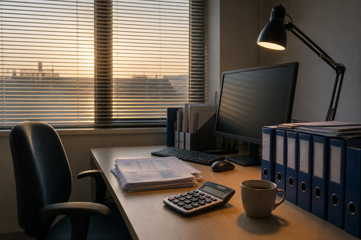 Bureau d’un dirigeant de petite entreprise avec dossiers comptables empilés et calculatrice