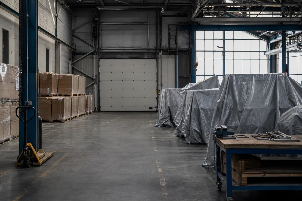 Atelier d’une petite entreprise à l’arrêt avec machines bâchées et cartons empilés