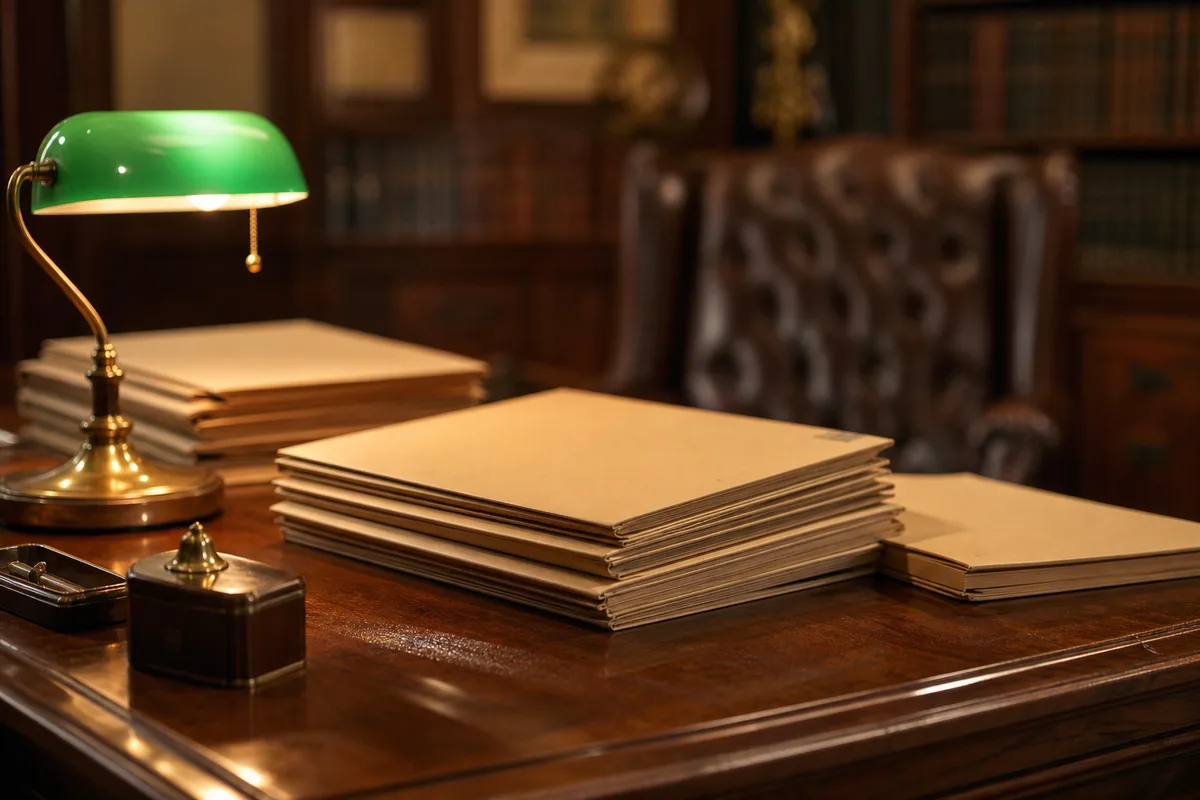 Bureau en bois massif avec dossiers fermés et lampe de banquier dans un cabinet