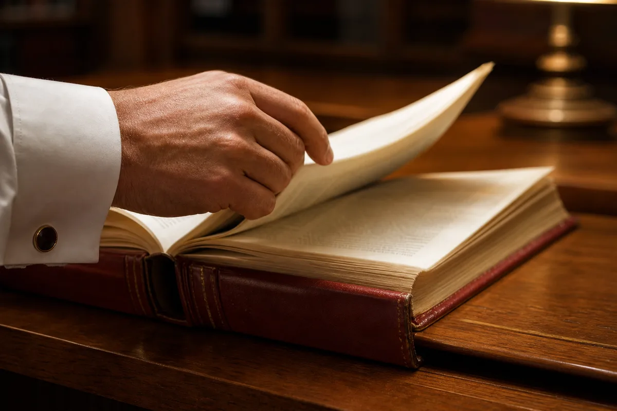 Main tournant les pages d’un code civil posé sur une table de lecture en chêne