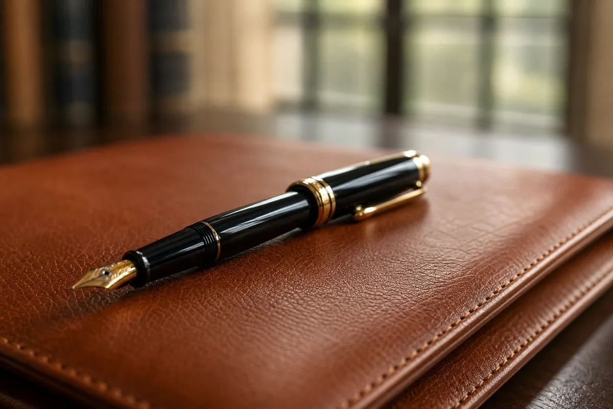 Stylo plume posé sur un parapheur en cuir dans la lumière d’une fenêtre de bureau