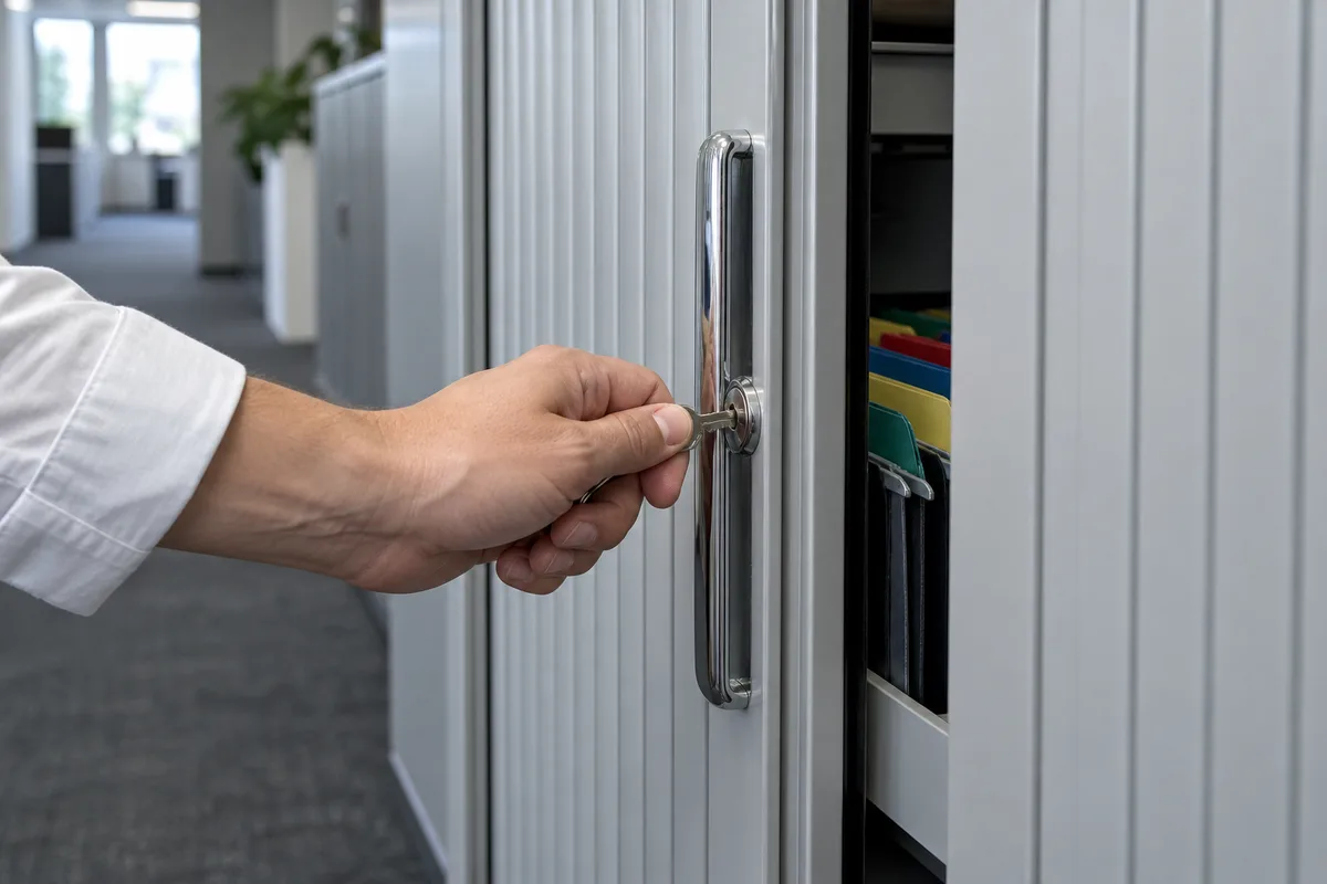 Main verrouillant une armoire à dossiers dans un cabinet