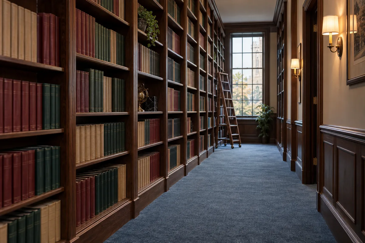 Couloir de cabinet avec bibliothèque juridique