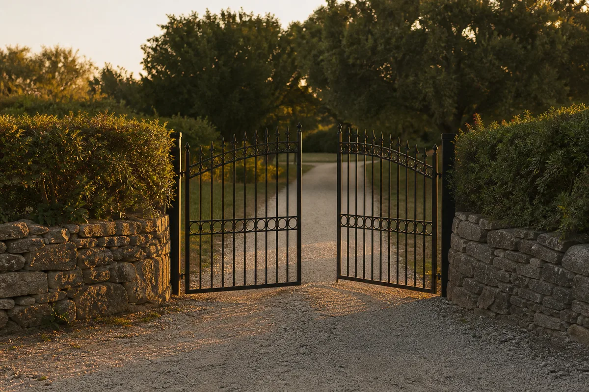 Portail en fer forgé entrouvert sur une allée gravillonnée entre deux propriétés