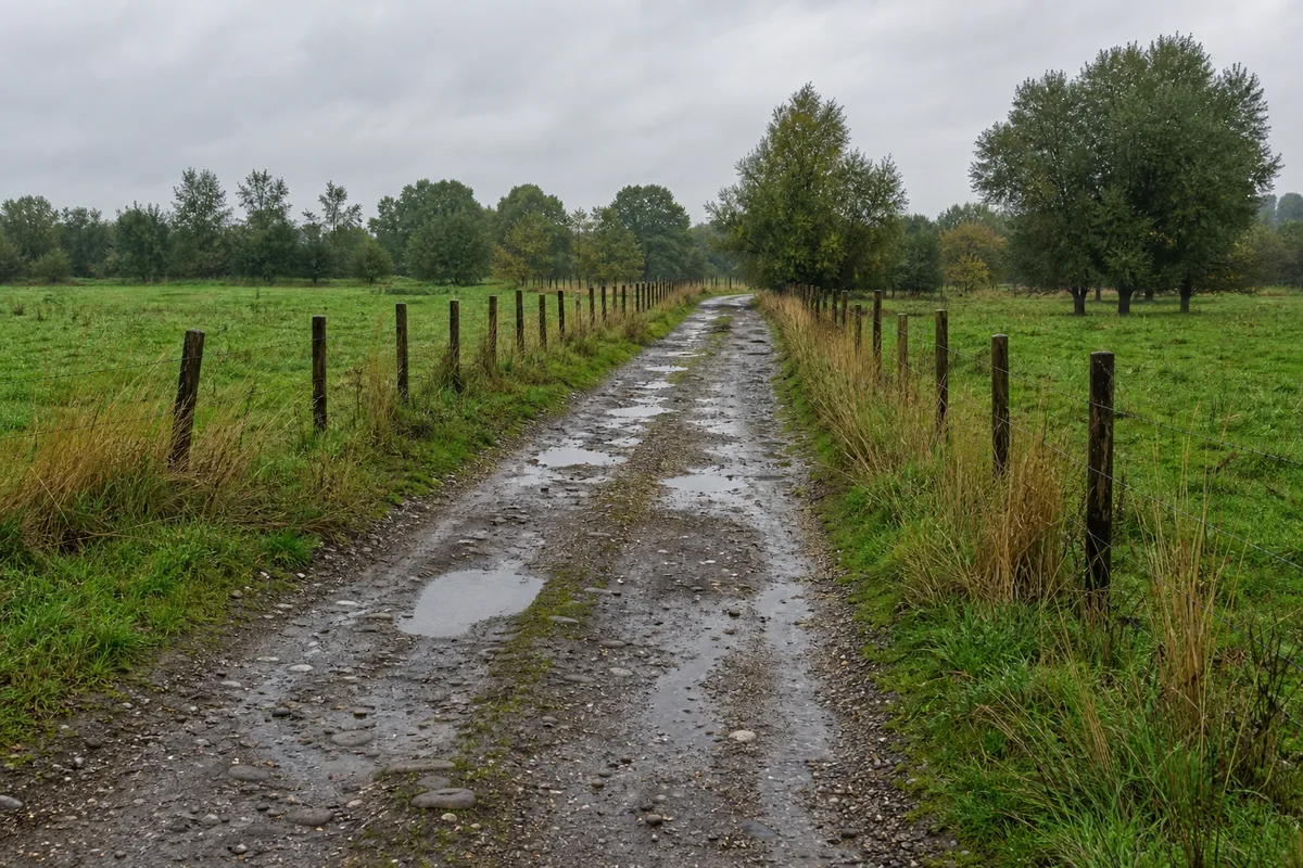 Chemin gravillonné avec ornières entre deux clôtures de campagne