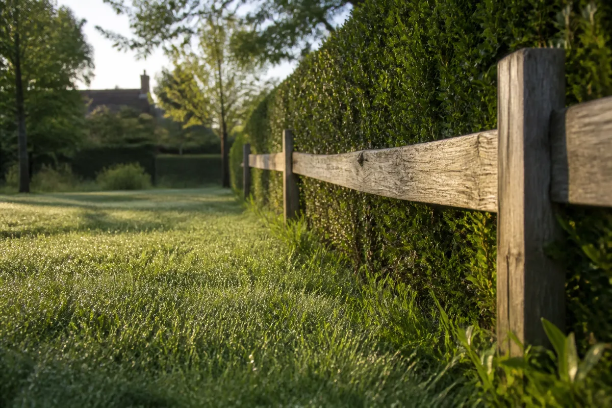Haie taillée et clôture en bois brut délimitant deux jardins voisins